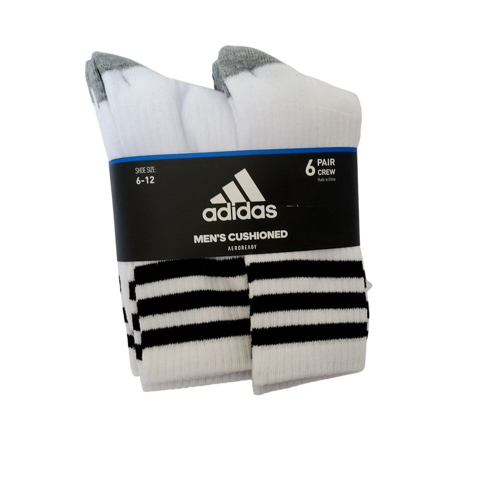 Adidas Mens Cushioned Crew Socks 6-Pair Pack Size 6-12 Aeroready Moisture-Wickin